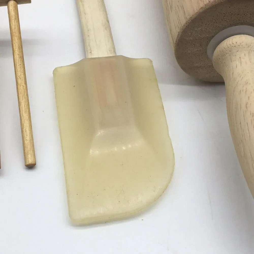 Vtg Lot Of 9 Wooden Kitchen Utensils Fork Wooden spoon Spatula Rolling Pin